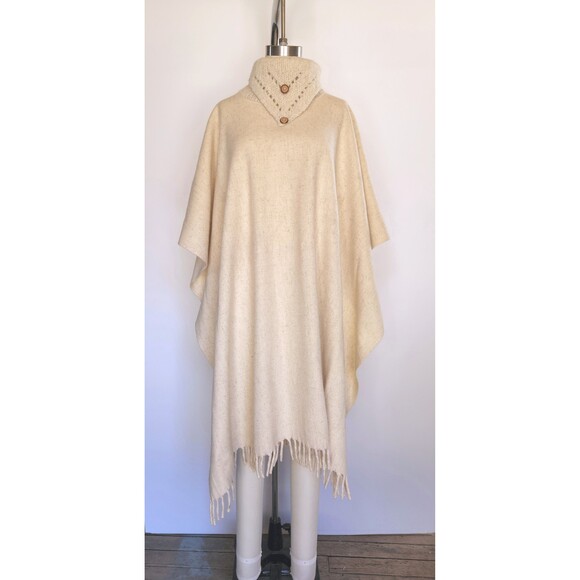Vintage Turtleneck Wool Poncho Cape Oversized Ethnic Tribal Southwestern Fringe - Picture 2 of 6